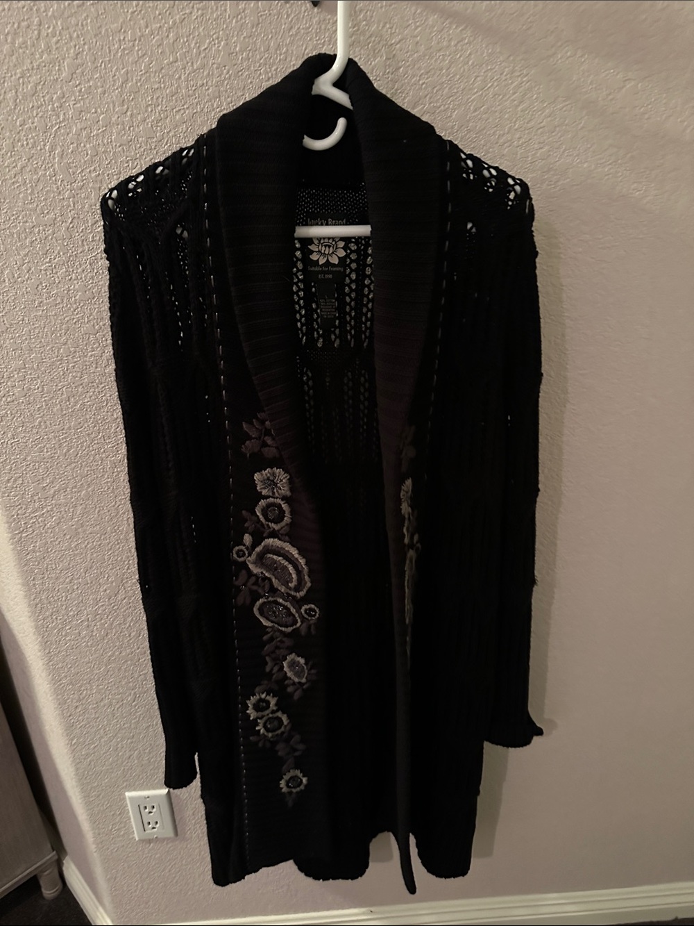 Lucky Brand Black Embroidered Open-Front Womenโs Sweater Jacket